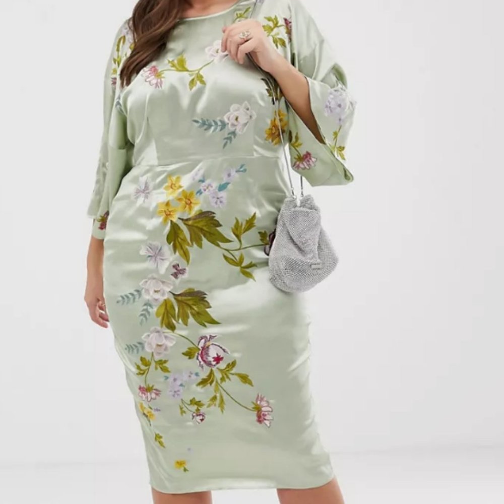 NWT ASOS Curve kimono midi pencil dress in satin floral embroidery